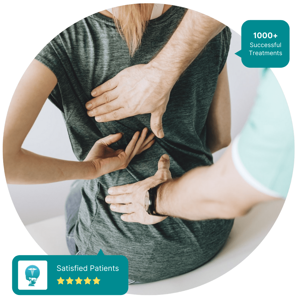 doctor inspecting ladies back with logos next to it